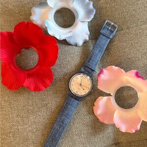 Vintage Swatch Watch - Denim Blue Band with White Dial & Interchangeable Covers